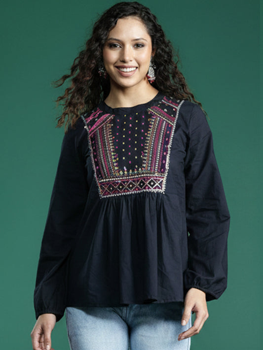 Classic Black Jeqard Cotton Tops for Women