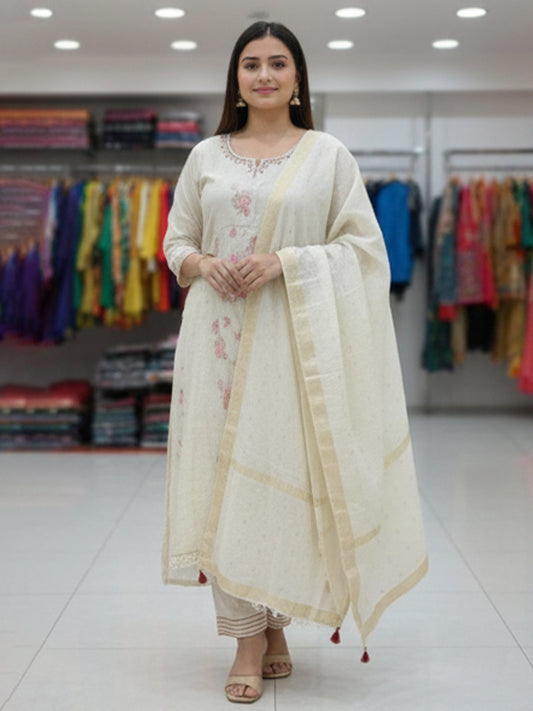 Elegant White Joot Cotton Suit Set for Women’s Everyday Wear