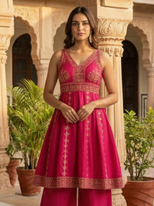 Elegant Pink Muslin Anarkali Set with Flared Pant for Women