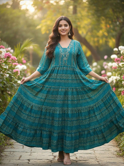 Elegant Multicolour Anarkali Embroidered Rayon Dress