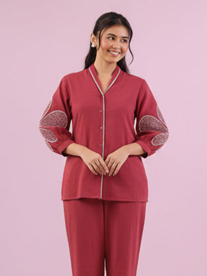 Deep Maroon Cotton Slub Co-Ord Set