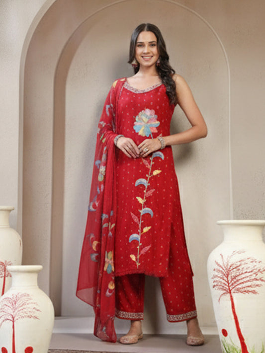 Red Weave Rayon Suit Set Perfect for Parties and Occasions