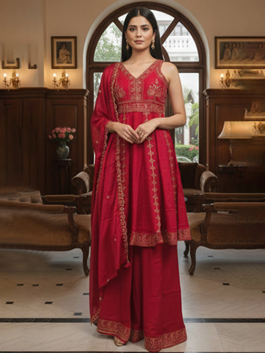 Elegant Red Muslin Anarkali Set with Flared Pant for Women