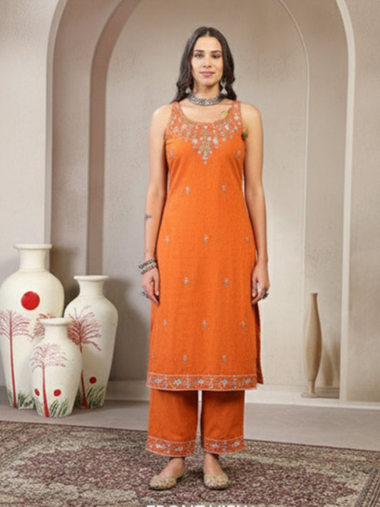 Elegant Orange Dobby Suit Set for Women’s Wear