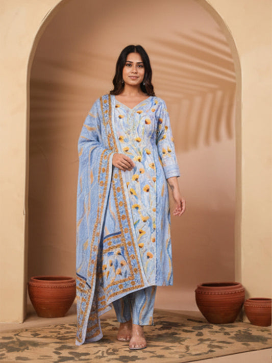Elegant Blue printed cotton suit set with everyday comfort
