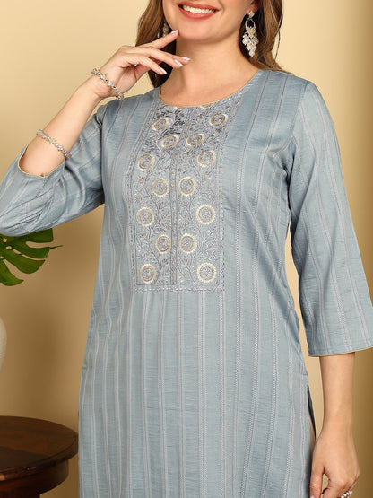 Embroidered Dark Green PolySilk Straight Kurta