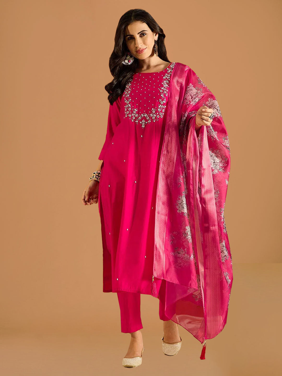 Fuchsia Pink Viscose Chanderi Suit Set