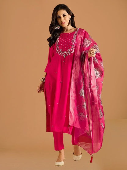 Fuchsia Pink Viscose Chanderi Suit Set