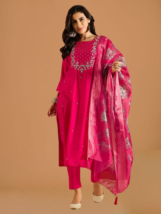 Fuchsia Pink Viscose Chanderi Suit Set