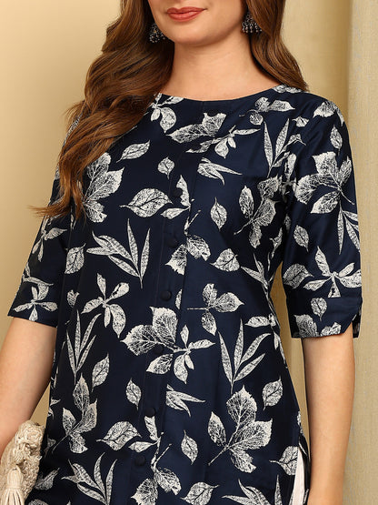 Indigo Blue Solid Cotton Blend Straight Kurta