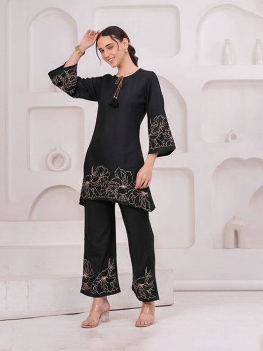 Sleek Black rayon 2-Piece Co-ord Ensemble