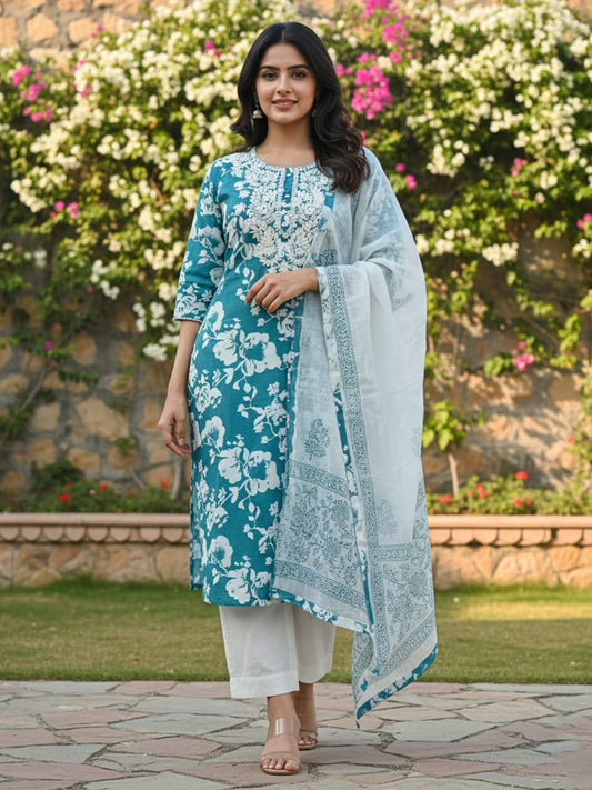 Blue cotton suit set with embroidery and Kota doriya dupatta