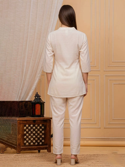 Cream Embroidered cotton slub Co-ord Set