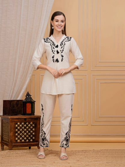 Cream Embroidered cotton slub Co-ord Set