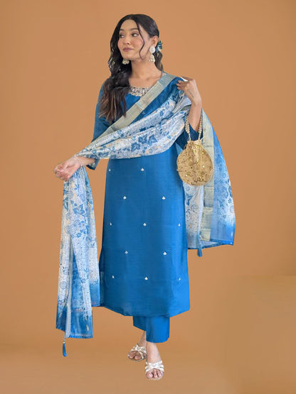 Teal Blue Silk Solid Suit Set