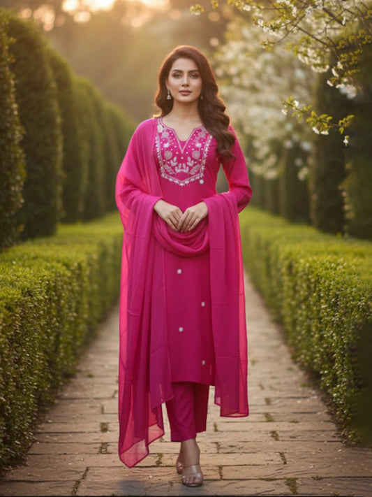 Elegant Dark Pink A-Line Embroidered Cotton Suit set for Everyday wear