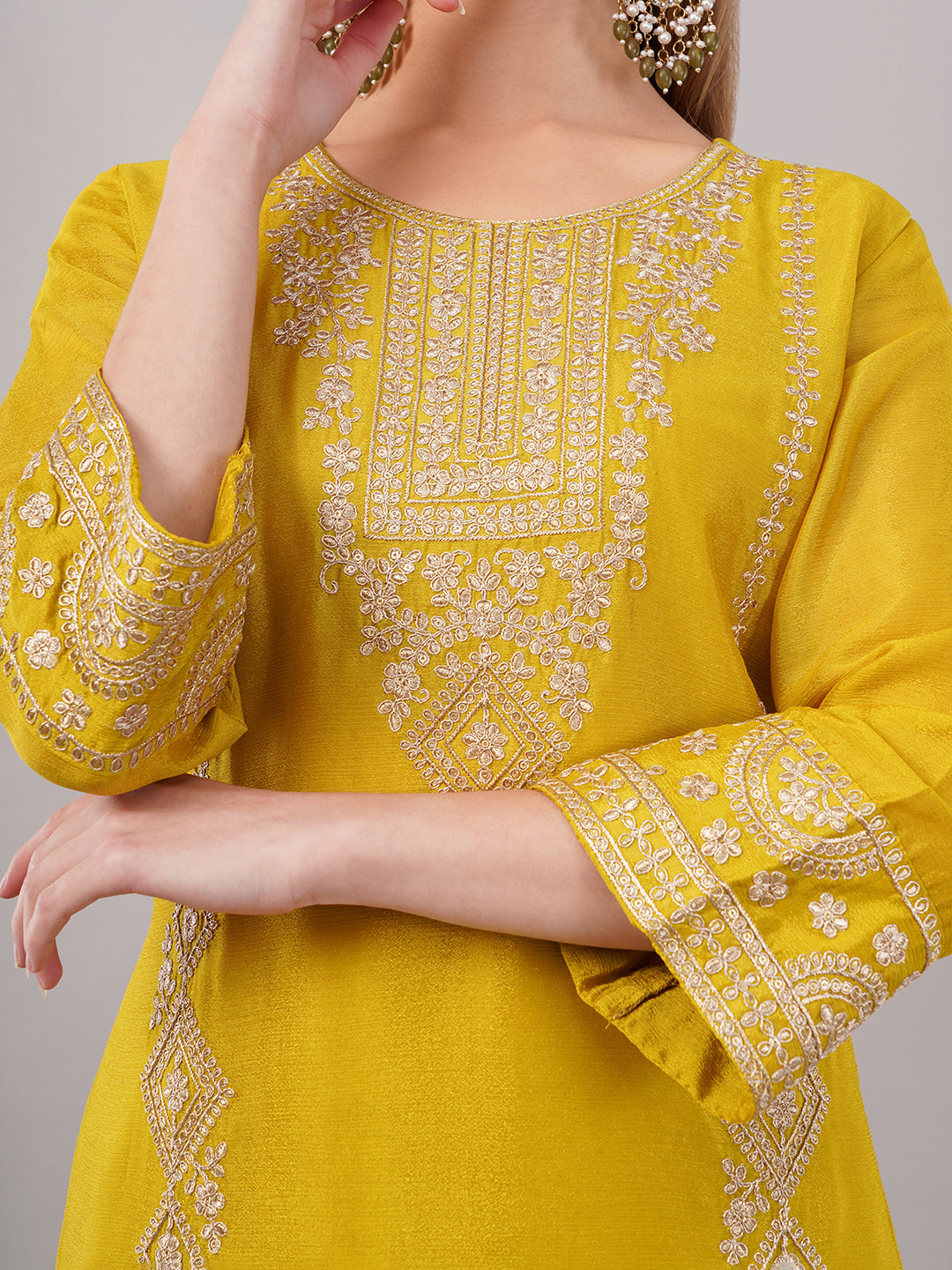 dhartii Mustard Chinon Solid Suit Set
