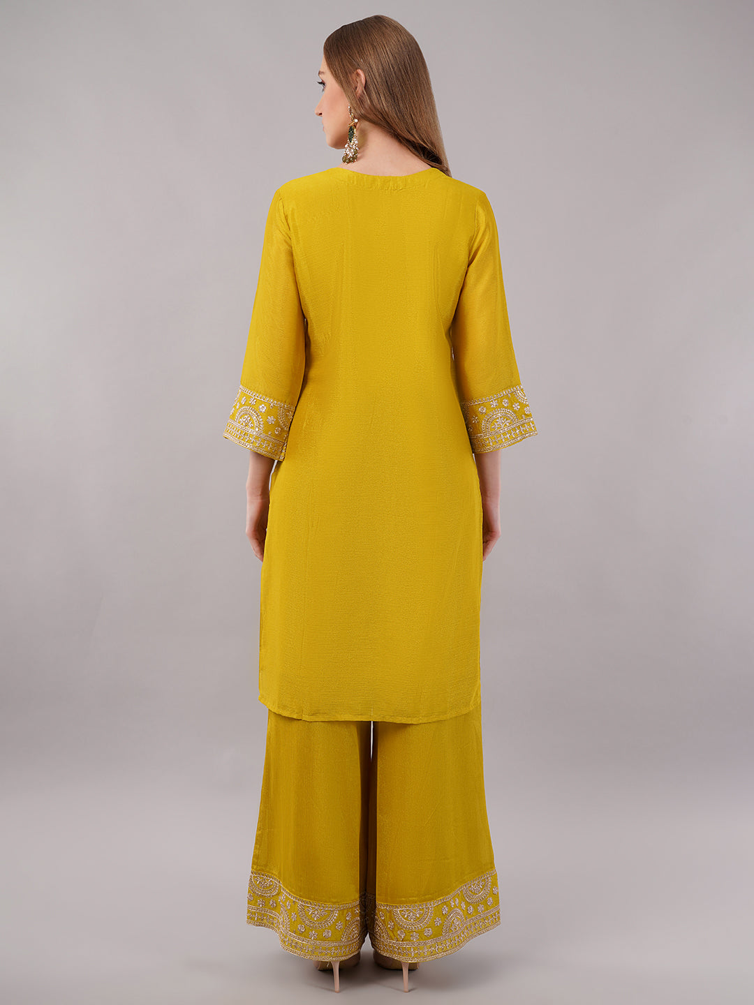 dhartii Mustard Chinon Solid Suit Set