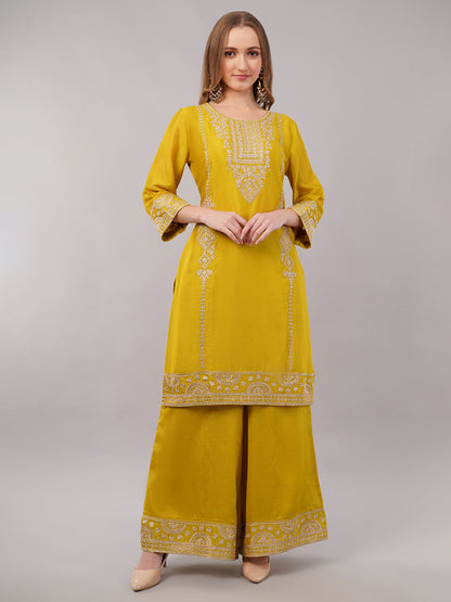 dhartii Mustard Chinon Solid Suit Set