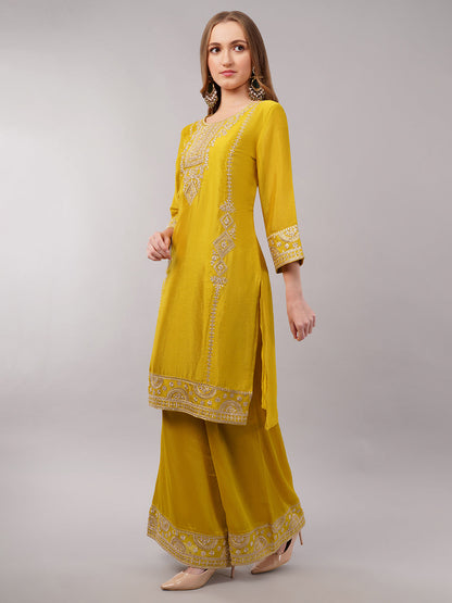 dhartii Mustard Chinon Solid Suit Set