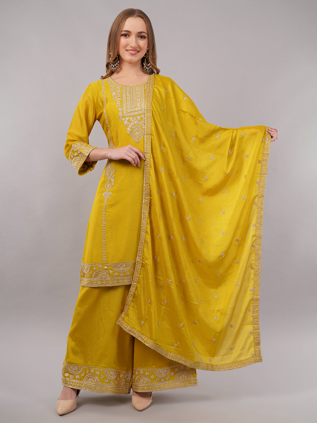 dhartii Mustard Chinon Solid Suit Set