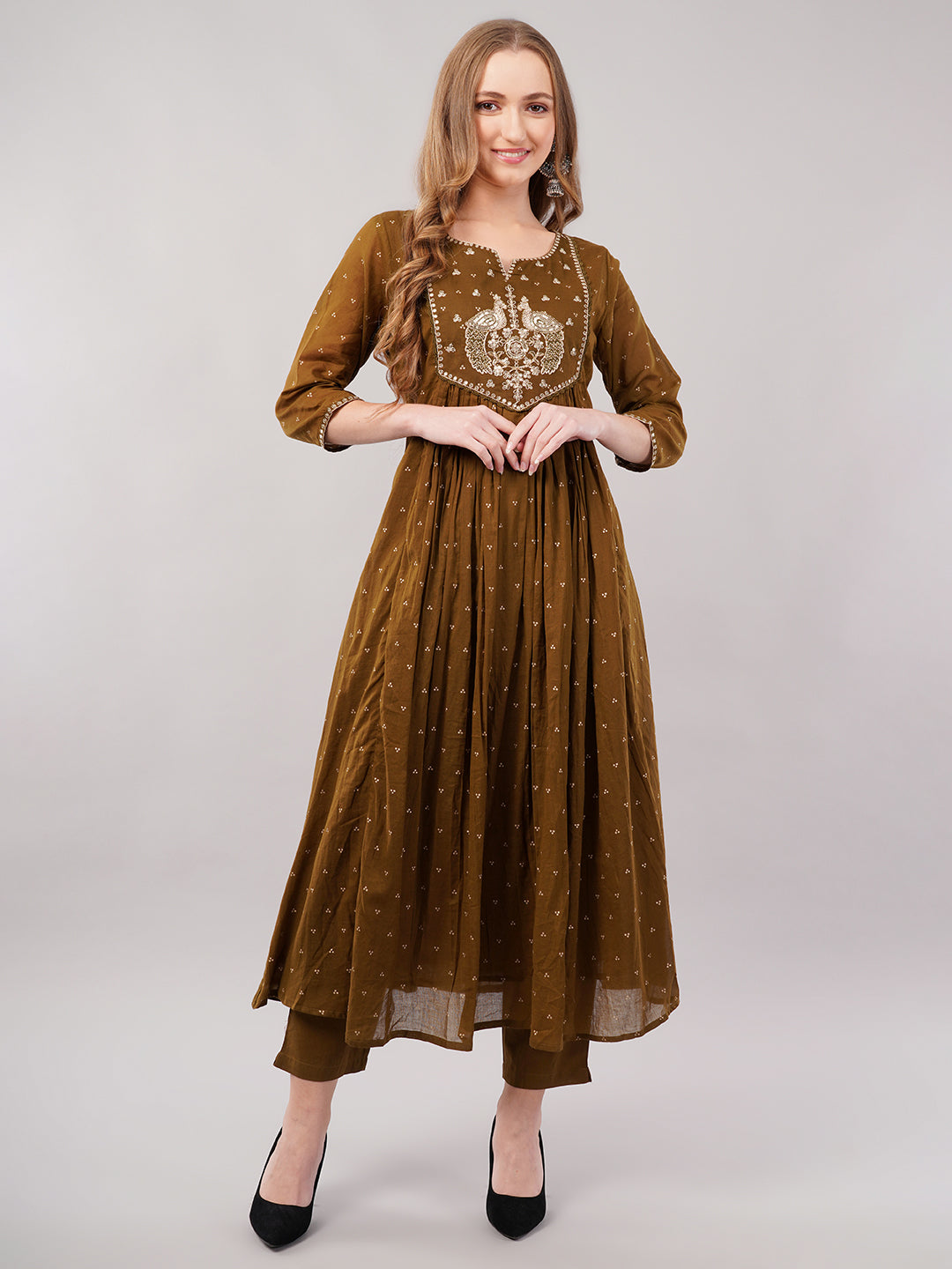 dhartii Mustard Yellow Embroidered Cotton Suit Set