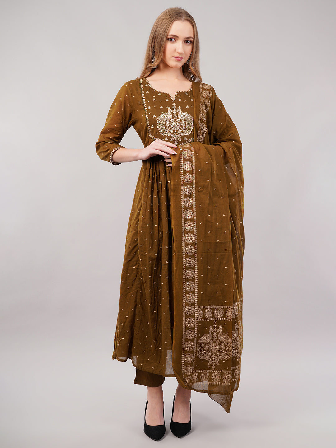 dhartii Mustard Yellow Embroidered Cotton Suit Set