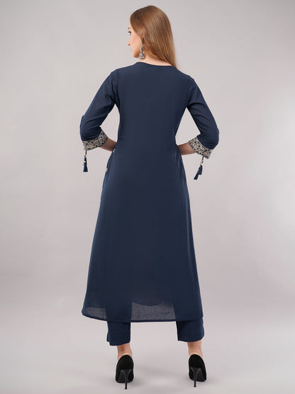 dhartii Navy Blue Embroidered Cotton Kurta
