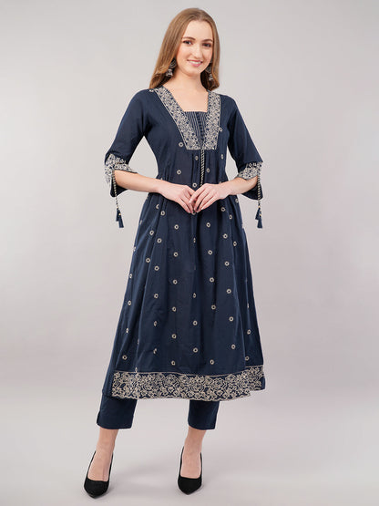 dhartii Navy Blue Embroidered Cotton Kurta