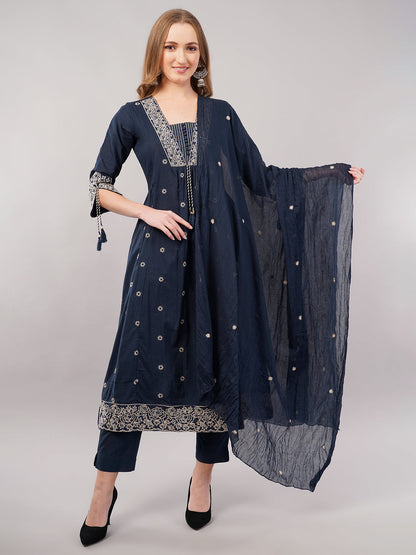 dhartii Navy Blue Embroidered Cotton Kurta