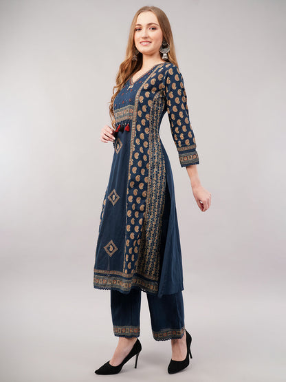 dhartii Teal Blue Printed Cotton Suit Set