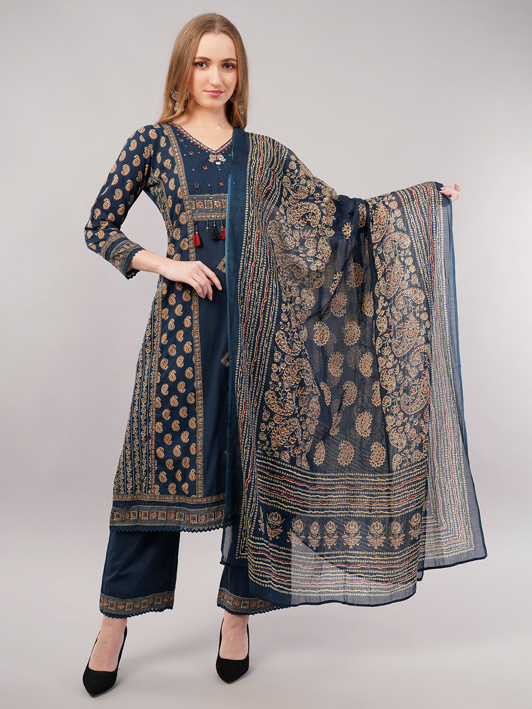 dhartii Teal Blue Printed Cotton Suit Set