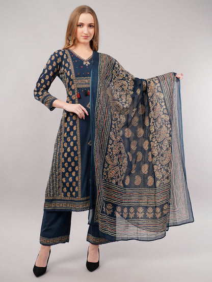 dhartii Teal Blue Printed Cotton Suit Set