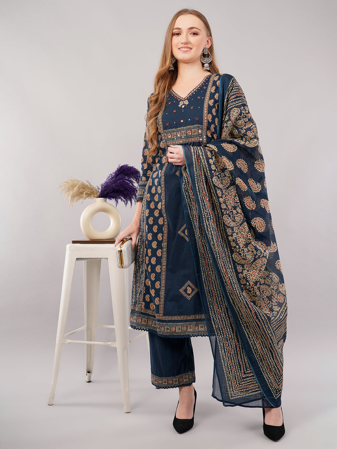 dhartii Teal Blue Printed Cotton Suit Set