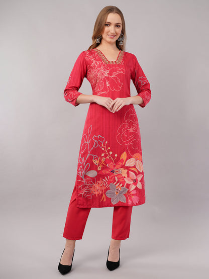 Red Floral Printed Suit Set