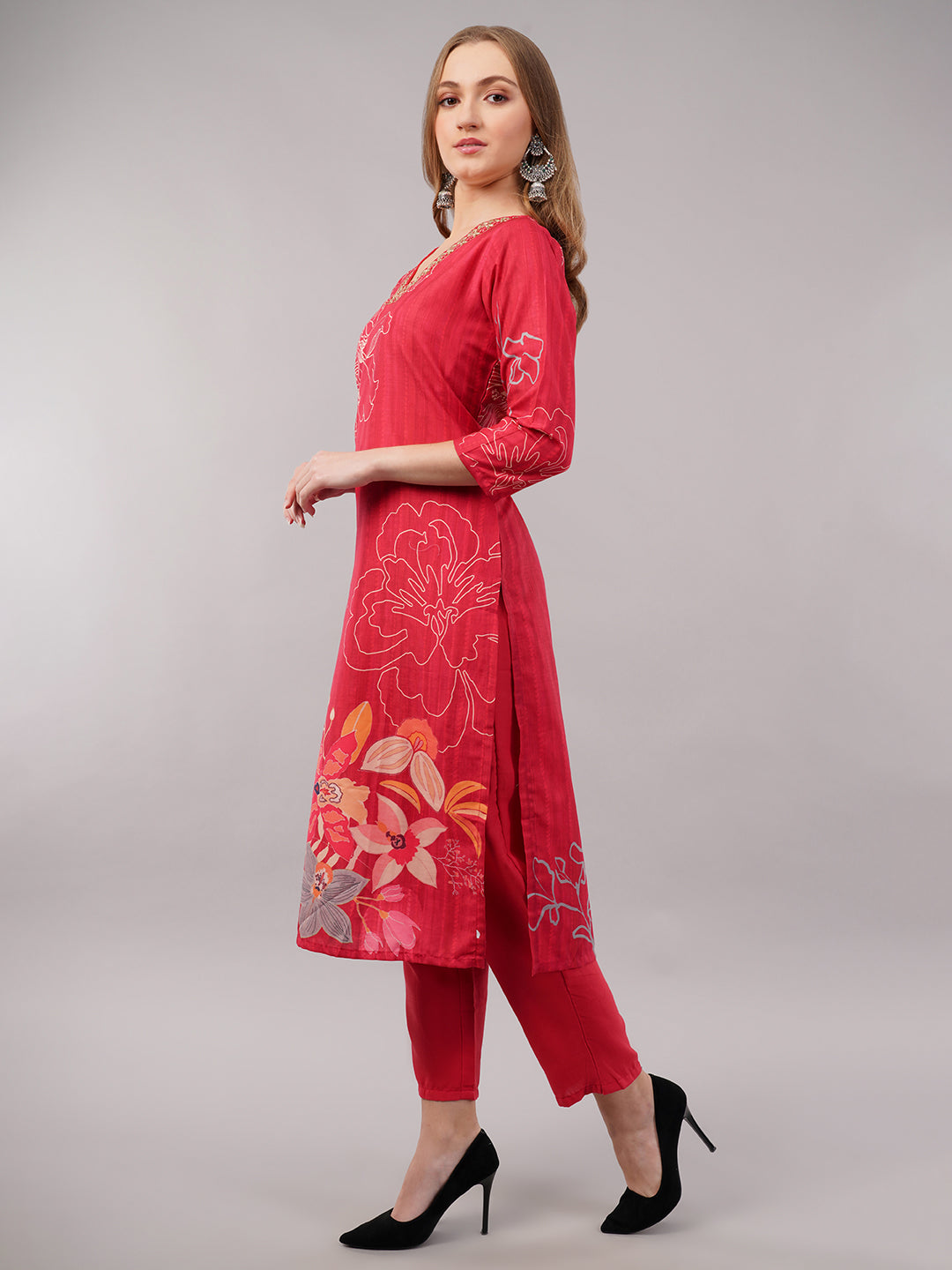 Red Floral Printed Suit Set
