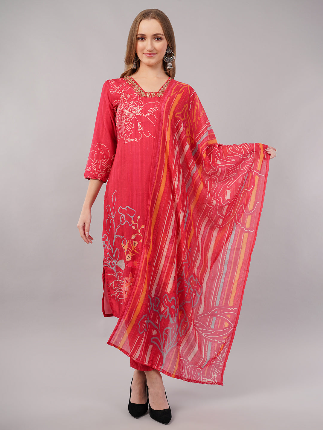 Red Floral Printed Suit Set