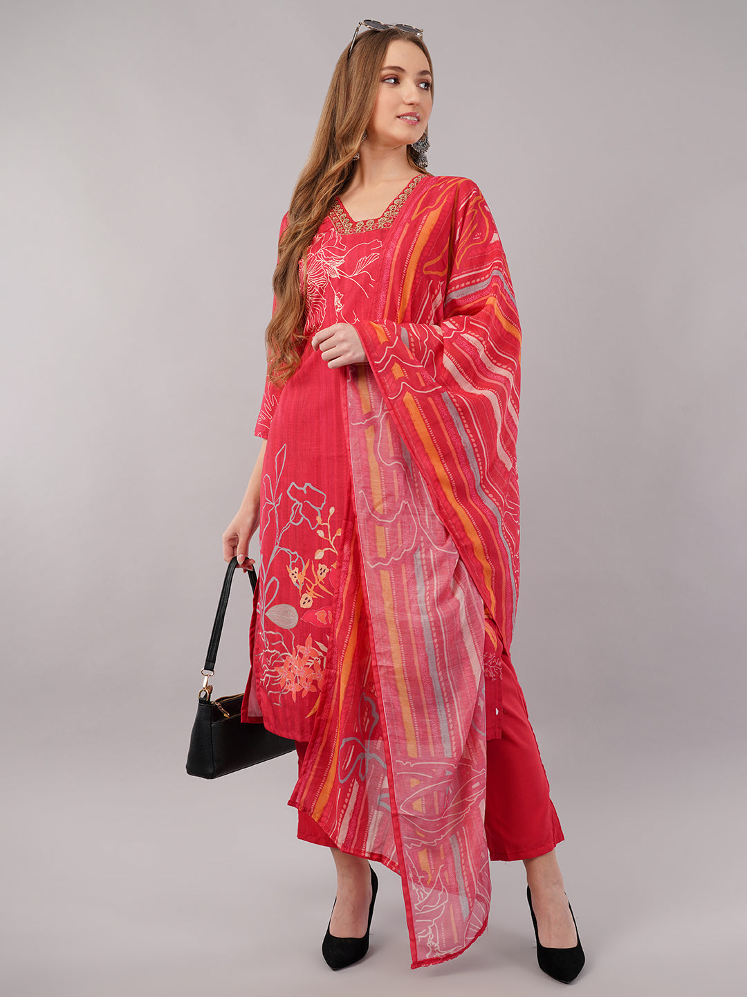 Red Floral Printed Suit Set