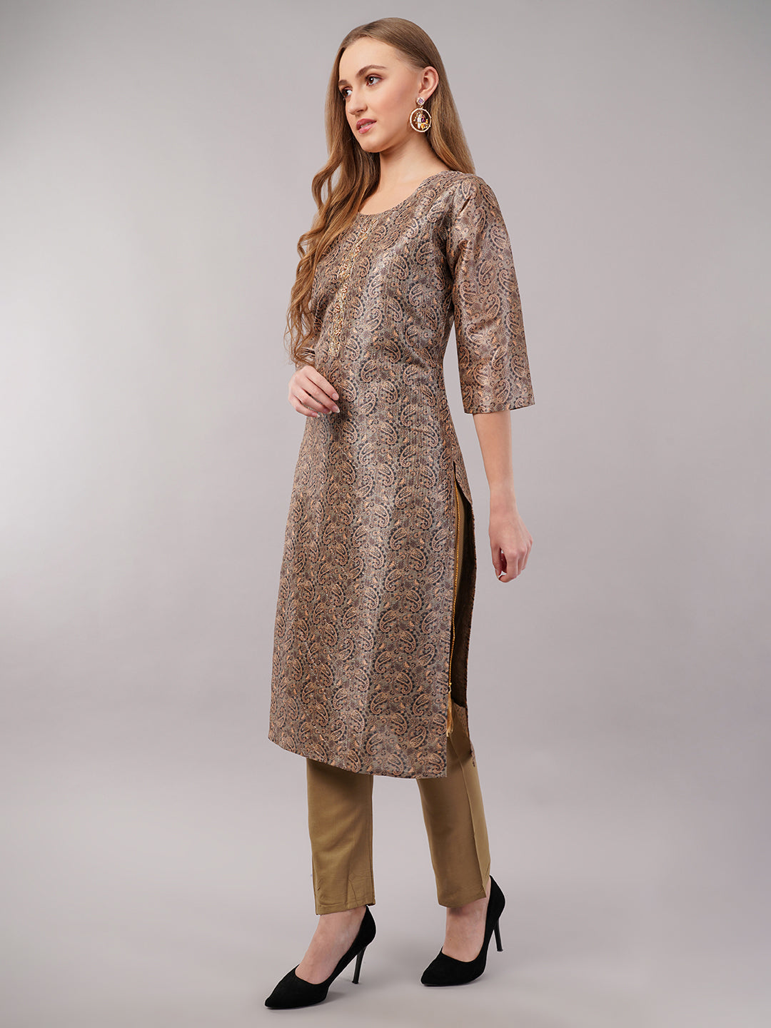 dhartii Camel Brown Floral Zardozi Suit Set