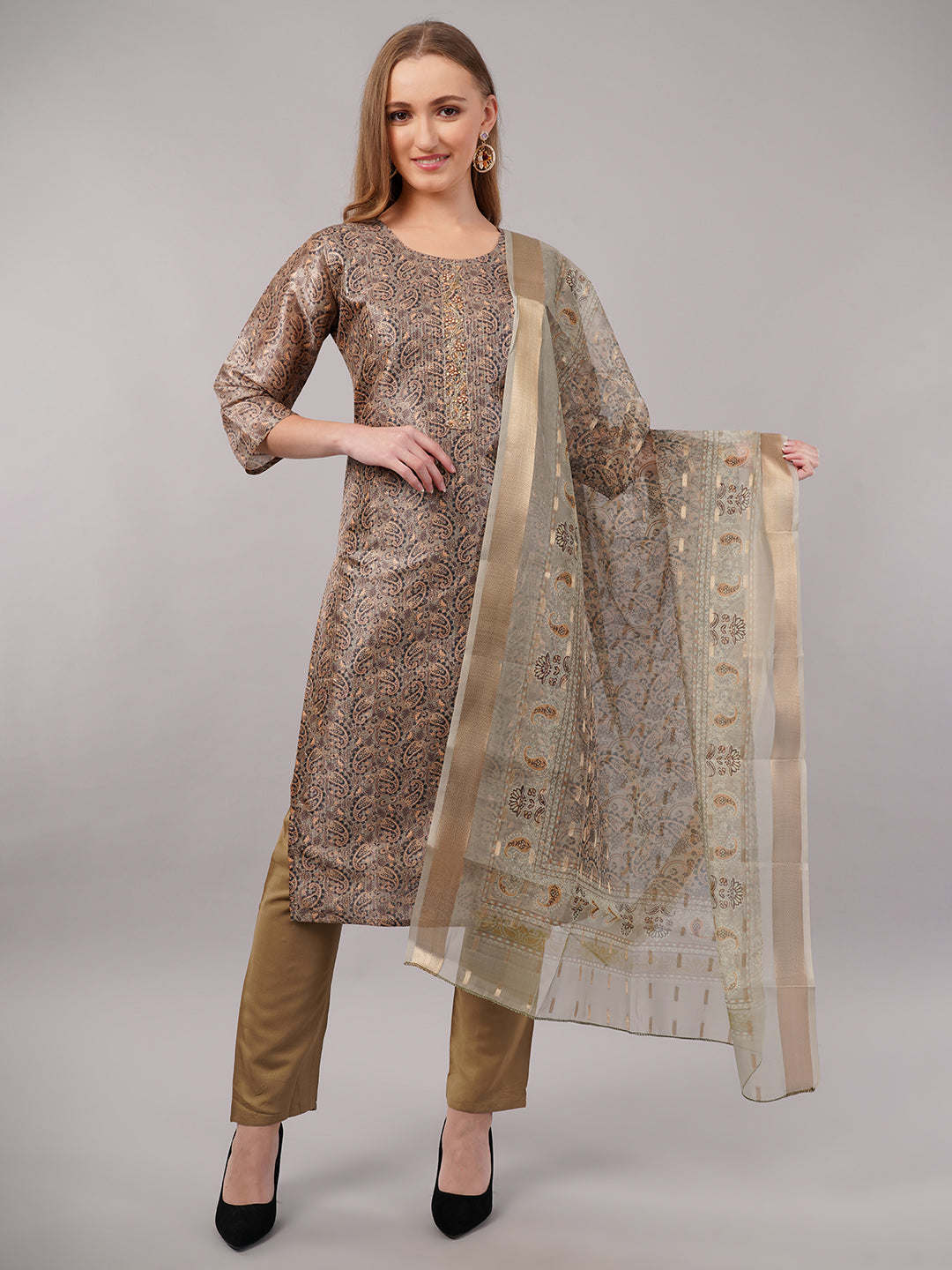 dhartii Camel Brown Floral Zardozi Suit Set