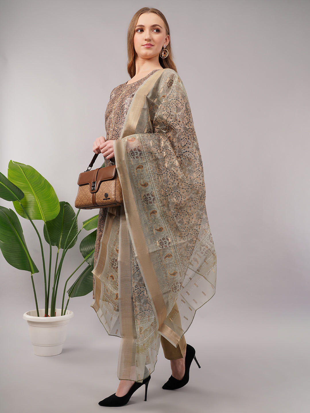 dhartii Camel Brown Floral Zardozi Suit Set