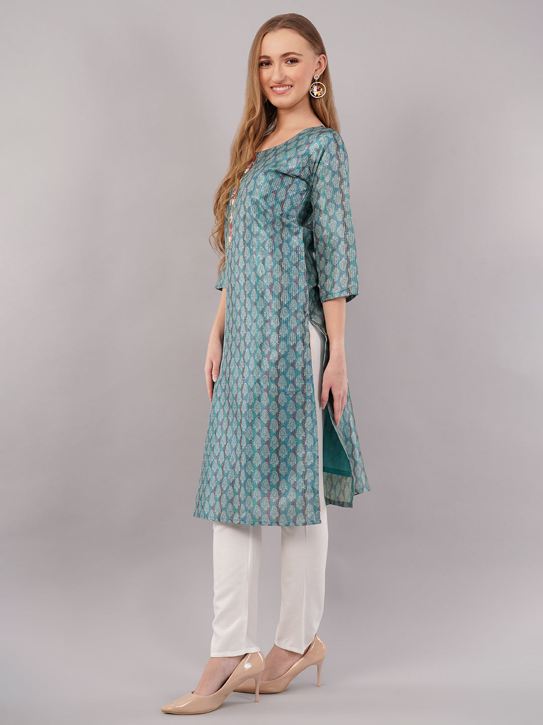 dhartii Steel Blue Floral Printed Suit Set with Zardozi & Sequin Detailing