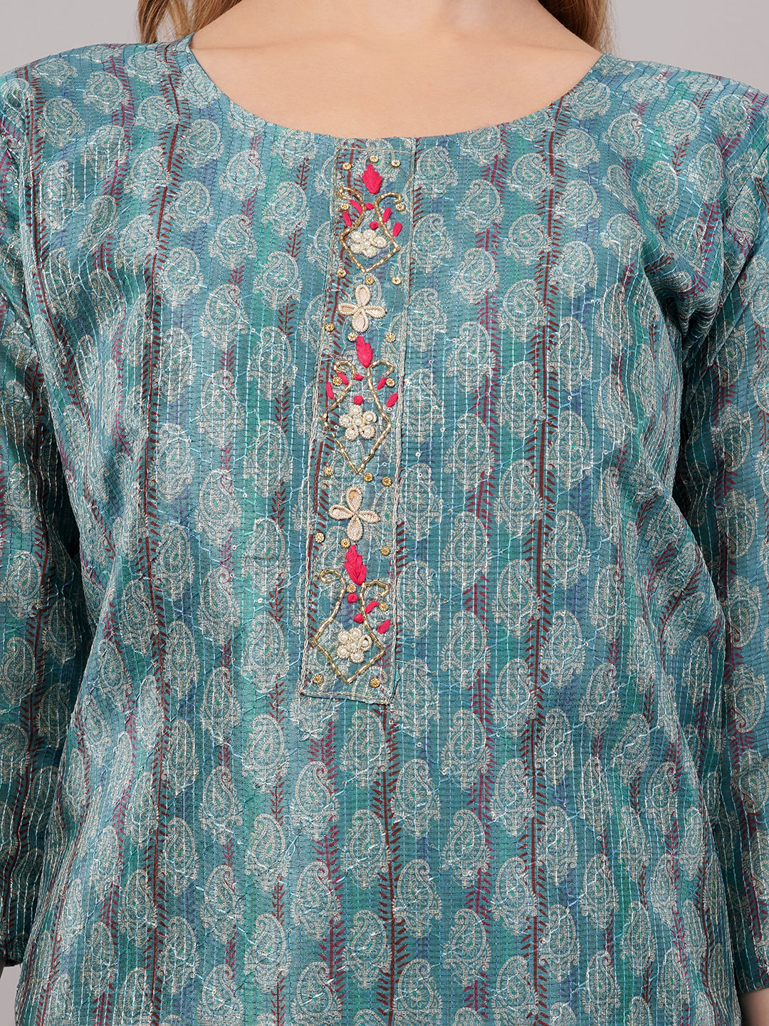 dhartii Steel Blue Floral Printed Suit Set with Zardozi & Sequin Detailing