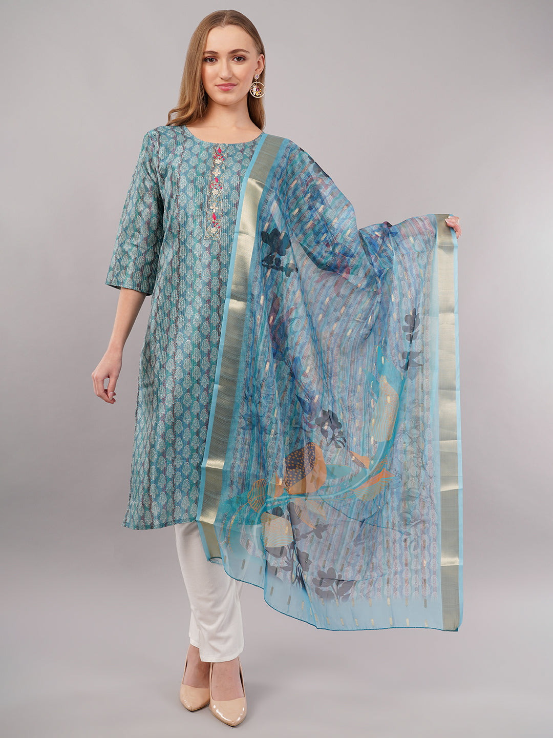 dhartii Steel Blue Floral Printed Suit Set with Zardozi & Sequin Detailing