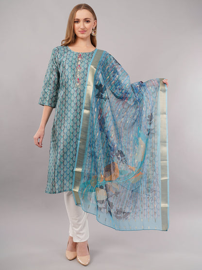 dhartii Steel Blue Floral Printed Suit Set with Zardozi & Sequin Detailing