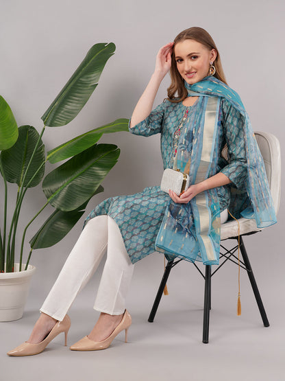 dhartii Steel Blue Floral Printed Suit Set with Zardozi & Sequin Detailing