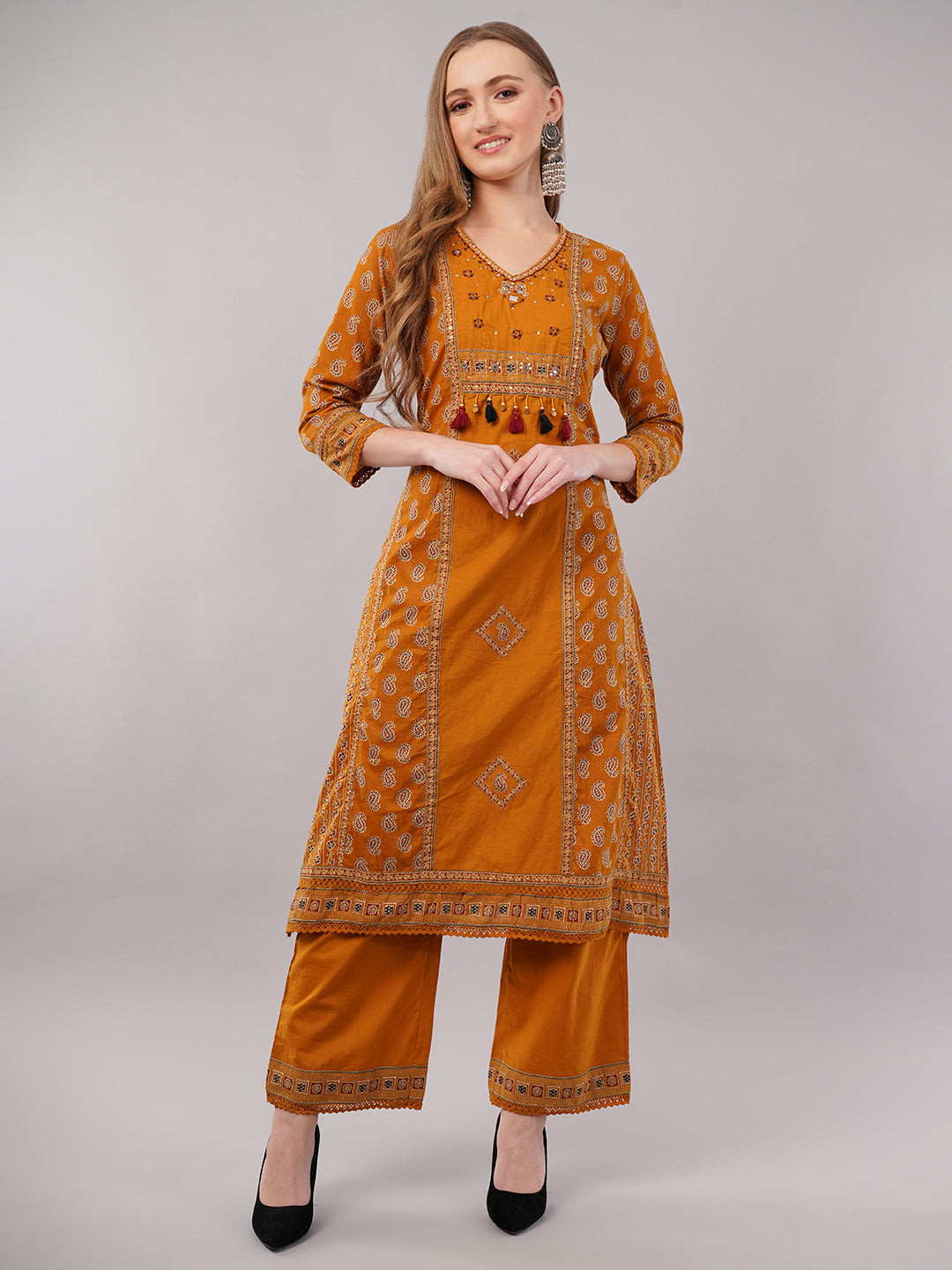 dhartii Mustard Yellow Printed Ethnic Cotton Suit Set