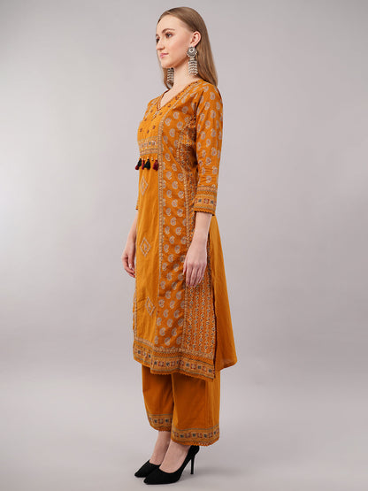 dhartii Mustard Yellow Printed Ethnic Cotton Suit Set