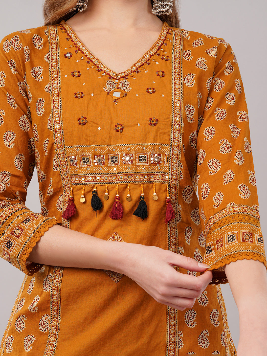 dhartii Mustard Yellow Printed Ethnic Cotton Suit Set