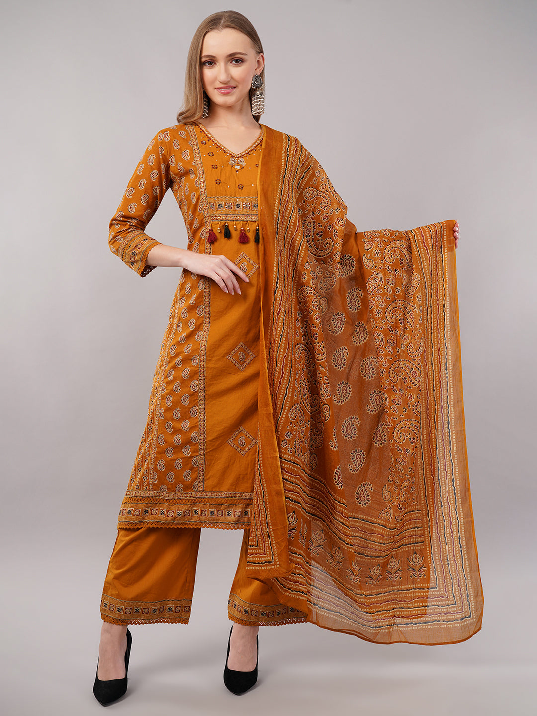 dhartii Mustard Yellow Printed Ethnic Cotton Suit Set
